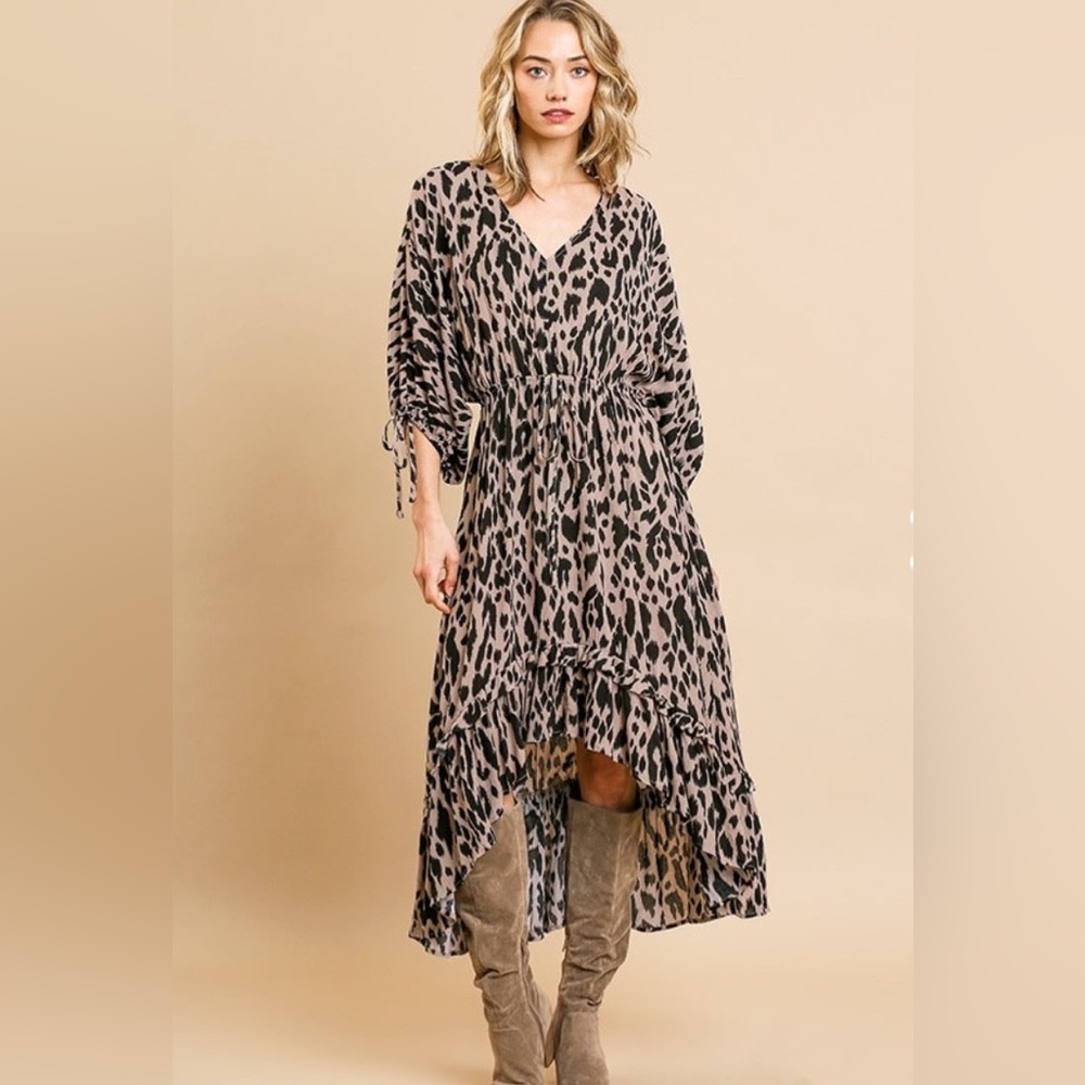Umgee mocha animal print long sleeve v-neck midi high low ruffle hem dress
